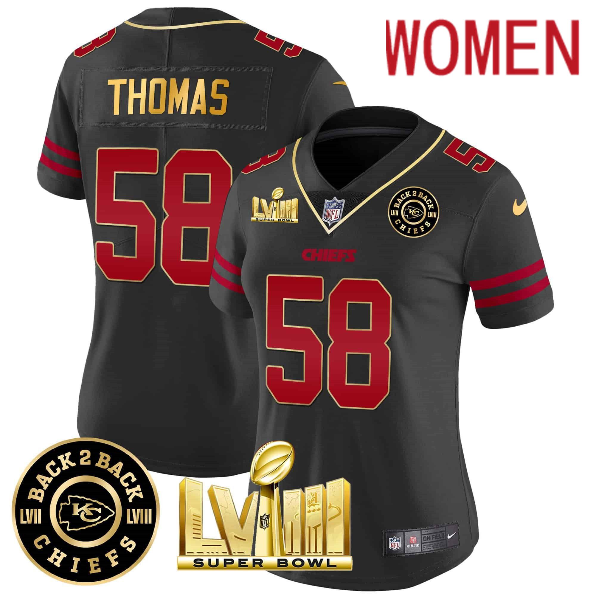 Women Kansas City Chiefs #58 Thomas Black 2024 Nike Super Bowl LVIII & Back-2-Back Patch Vapor NFL Jersey style 1->women nfl jersey->Women Jersey